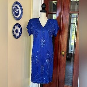 Jewel Queen | Vintage 80’s Blue Silk Beaded & Sequined Cocktail Dress, Size M